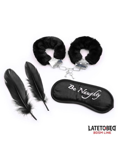 Set de 3 Piezas Antifaz Esposas y Plumas Negro